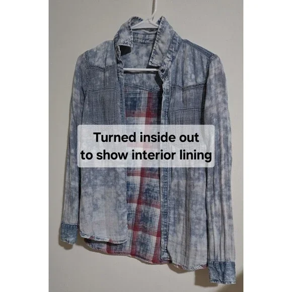 Pull & Bear Women's Small Plaid Western Button Up Flannel Lined Shirt Top Denim - Picture 15 of 16